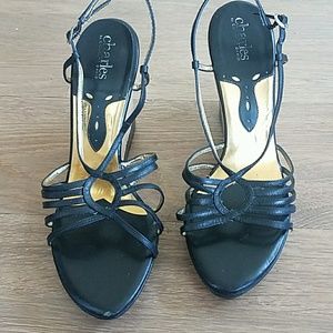 Charles David black and gold cork wedges